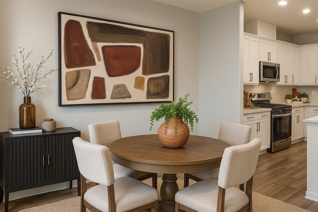 A dining room with a table and chairs.