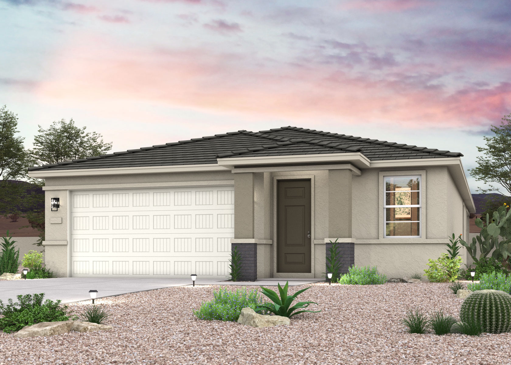 Twilight rendering of a new home for sale in Buckeye, AZ with 2 car garage at Montana Vista by Century Communities.