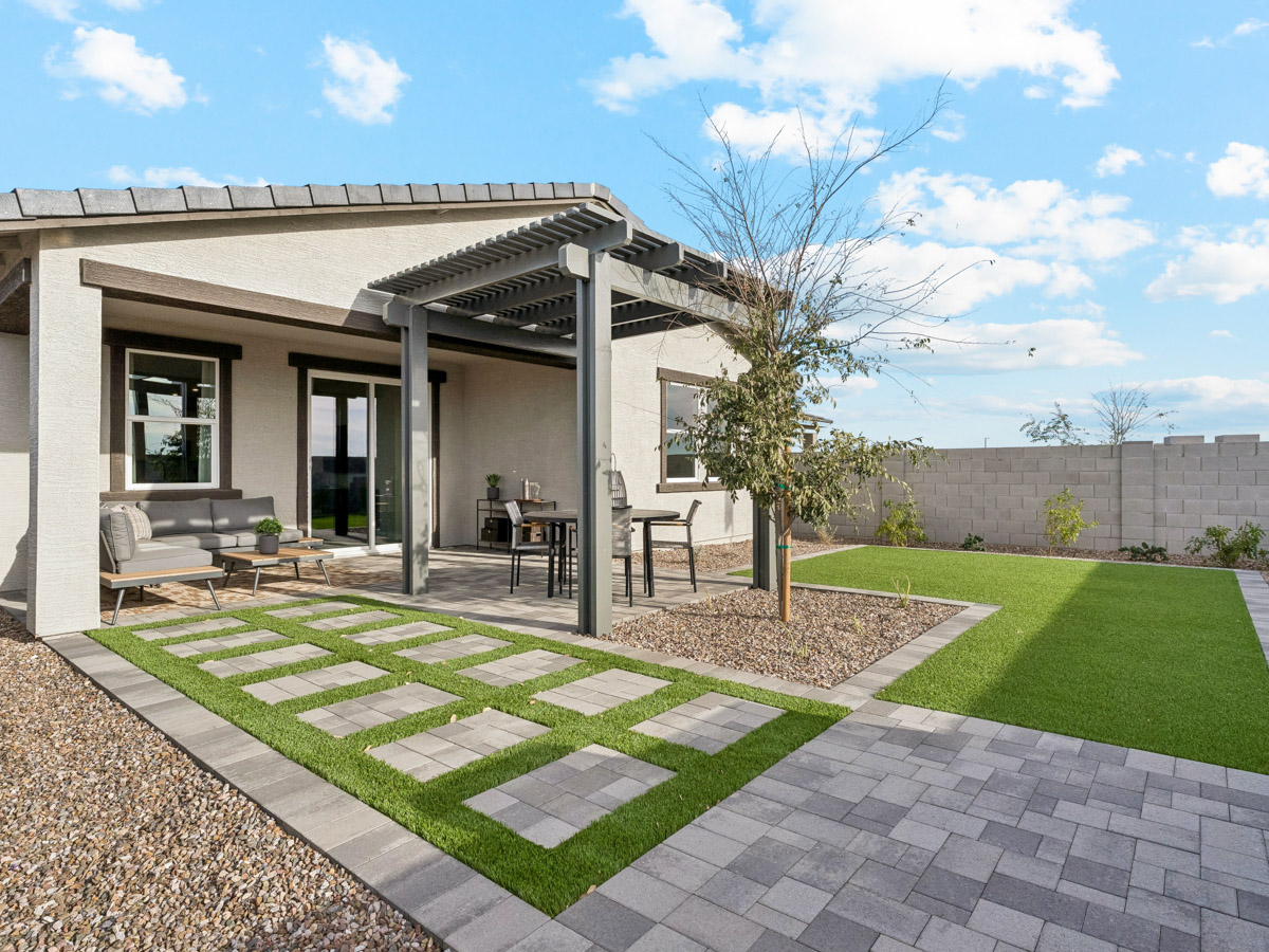 A house with a brick patio.