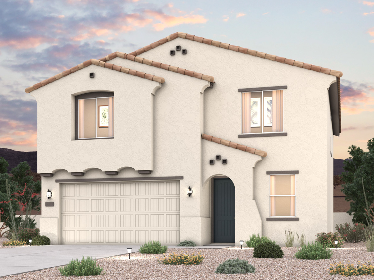 Twilight rendering of front of new home for sale in San Tan, AZ with 2 car garage in the beautiful Skyline Village community with pool.