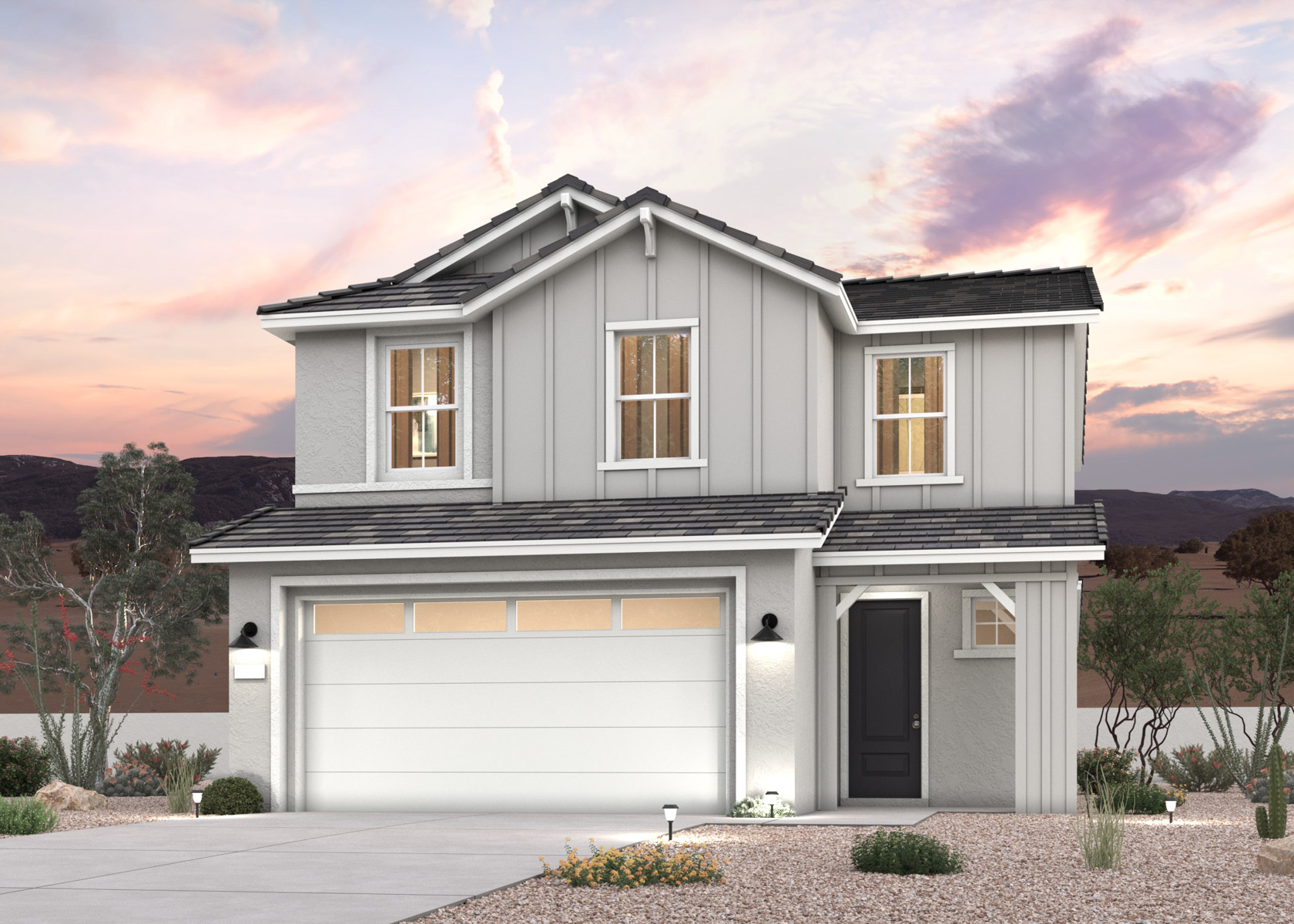 A twilight rendering of a 2-story new home in Buckeye, AZ at Manzanita at Teravalis by Century Communities.