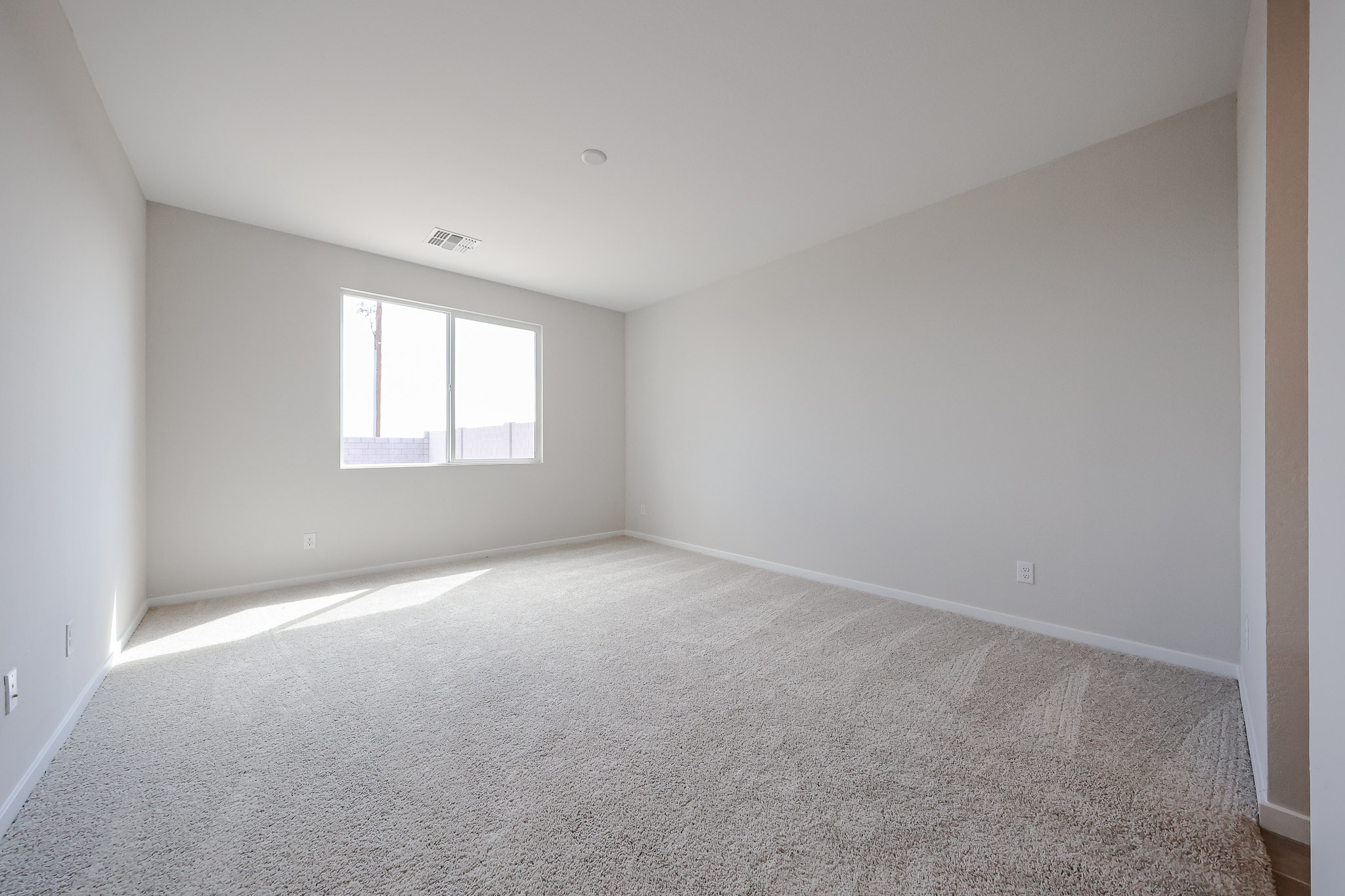 A room with a carpet and windows.