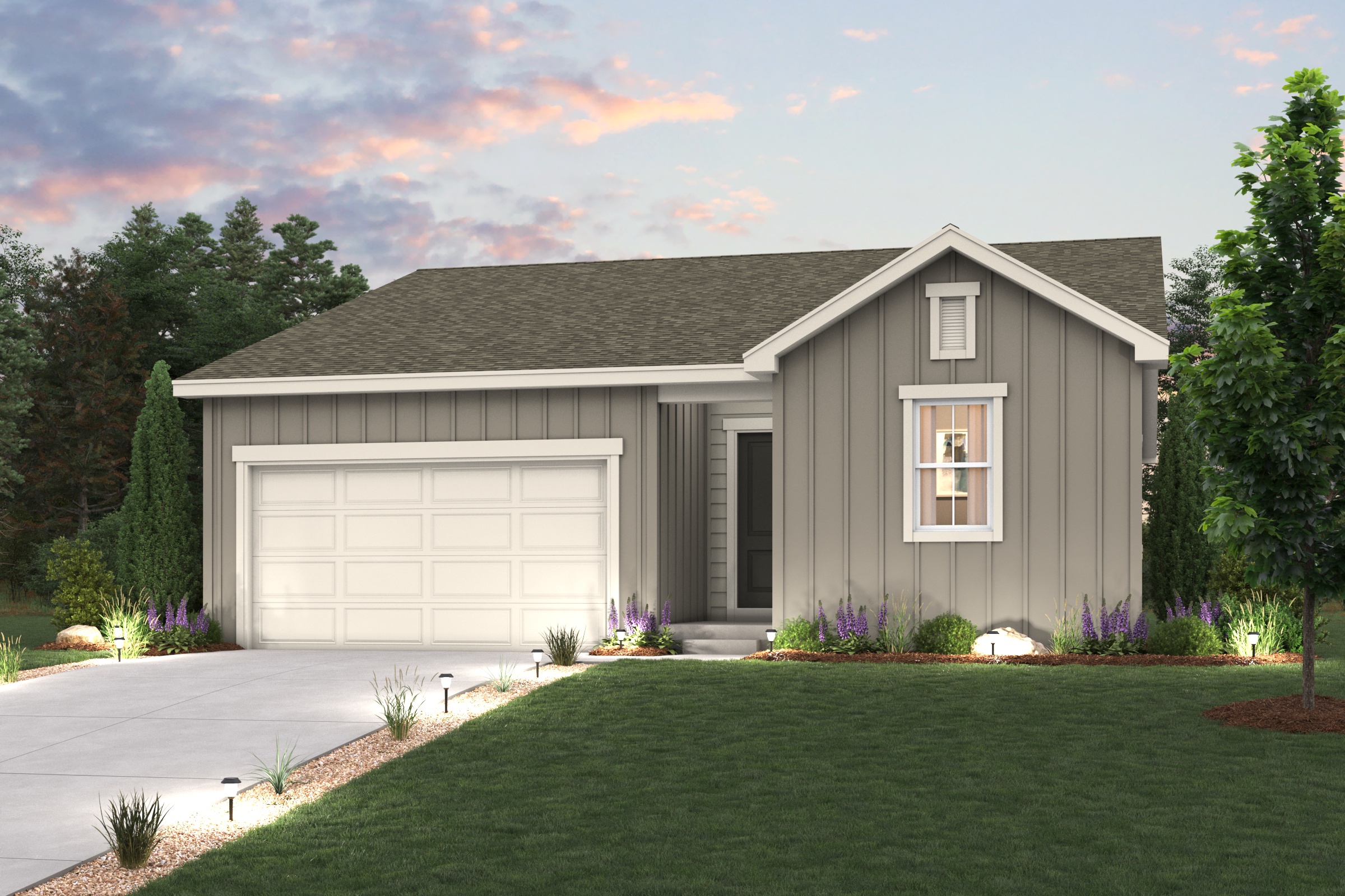 Cimarron Elevation A rendering with landscaping, garage, driveway and exterior paint colors 