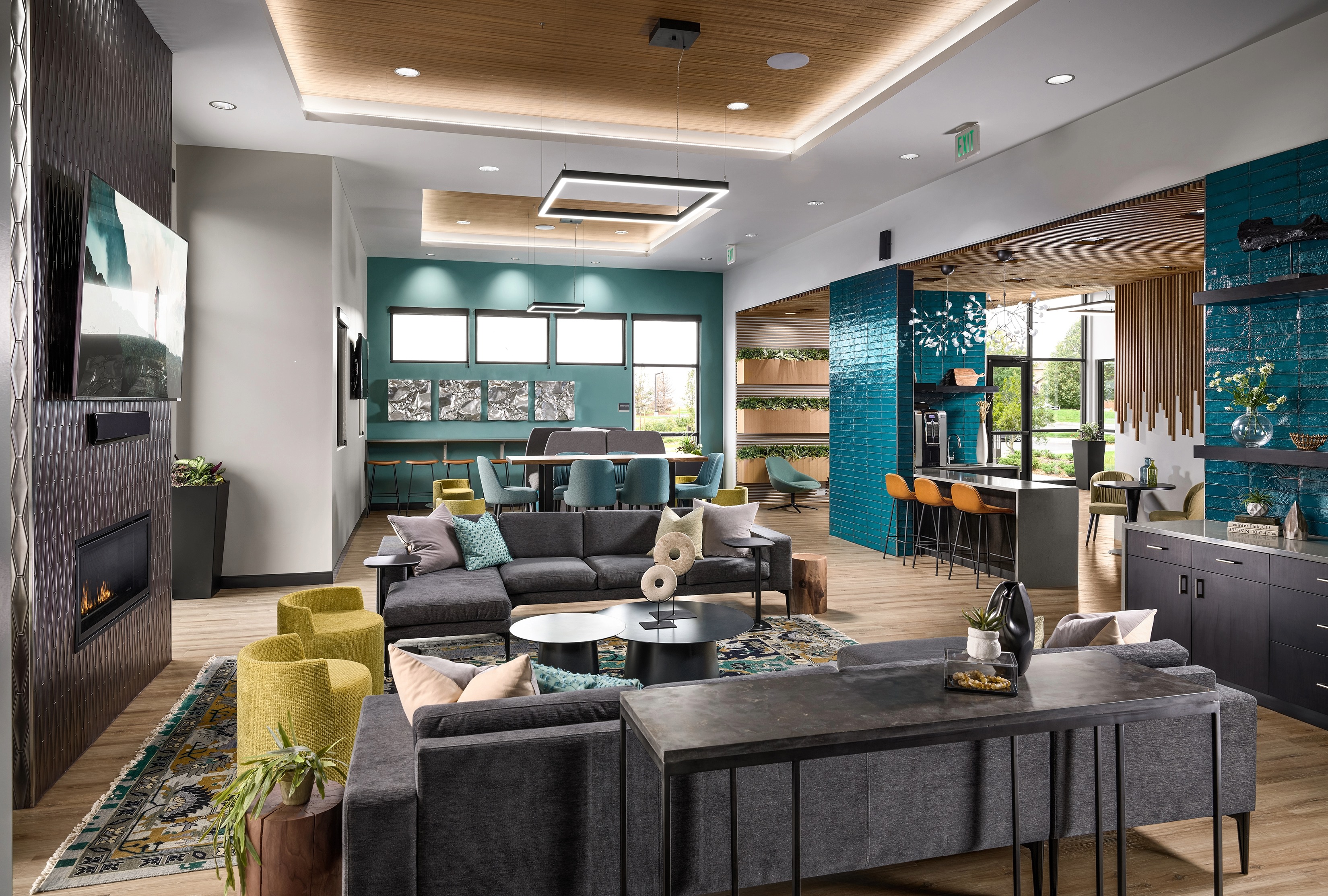 A living room with a fireplace.