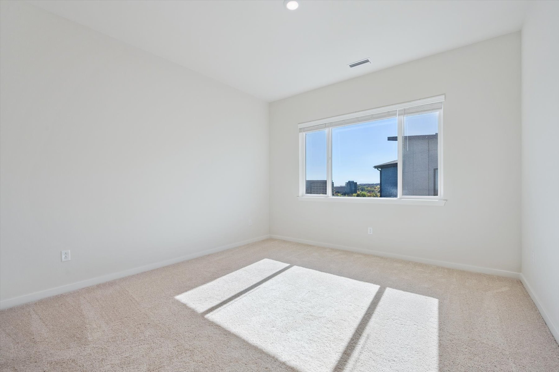A room with a rug and a window.