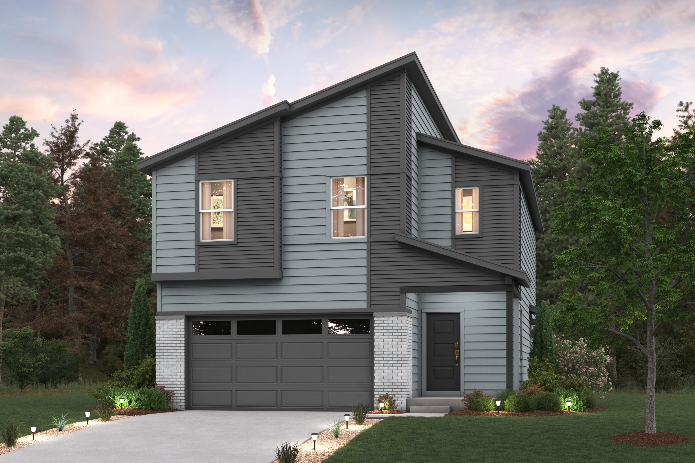 A grey house with a garage.