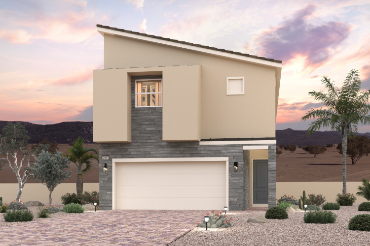 A house with a garage and palm trees.