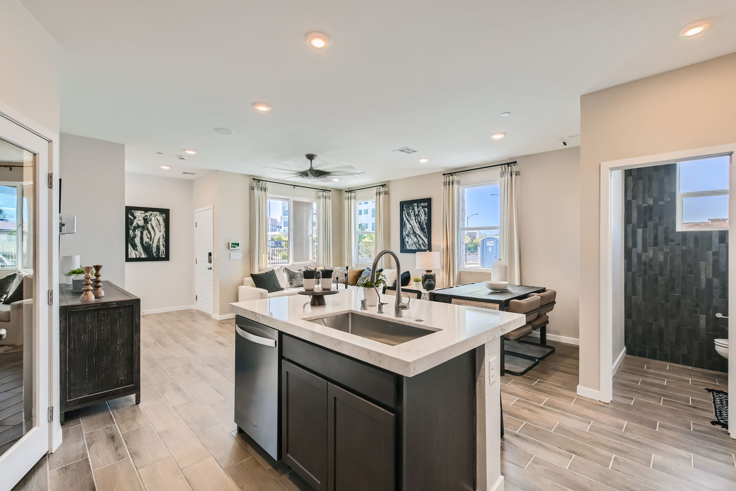 A kitchen with a large island.