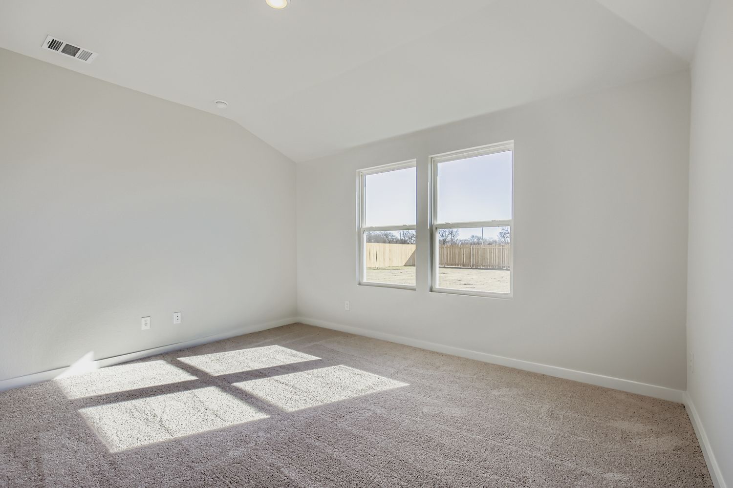 A room with a rug and windows.