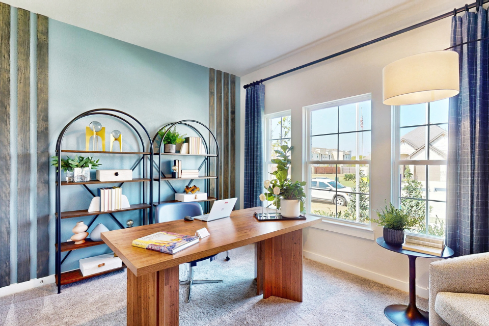 A room with a table and shelves with plants and a laptop.