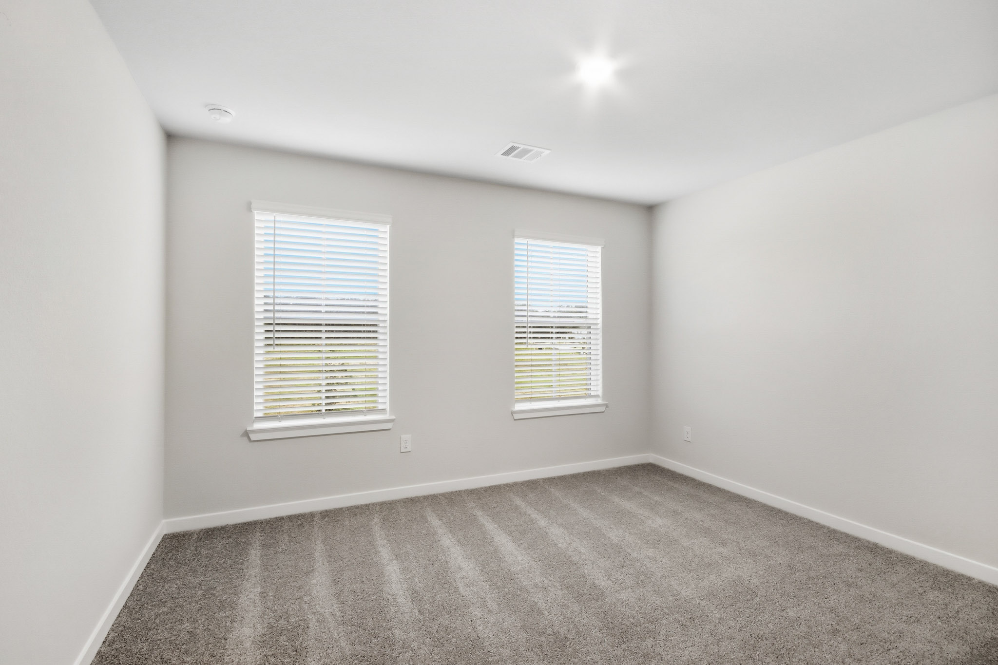 A room with a carpet and windows.