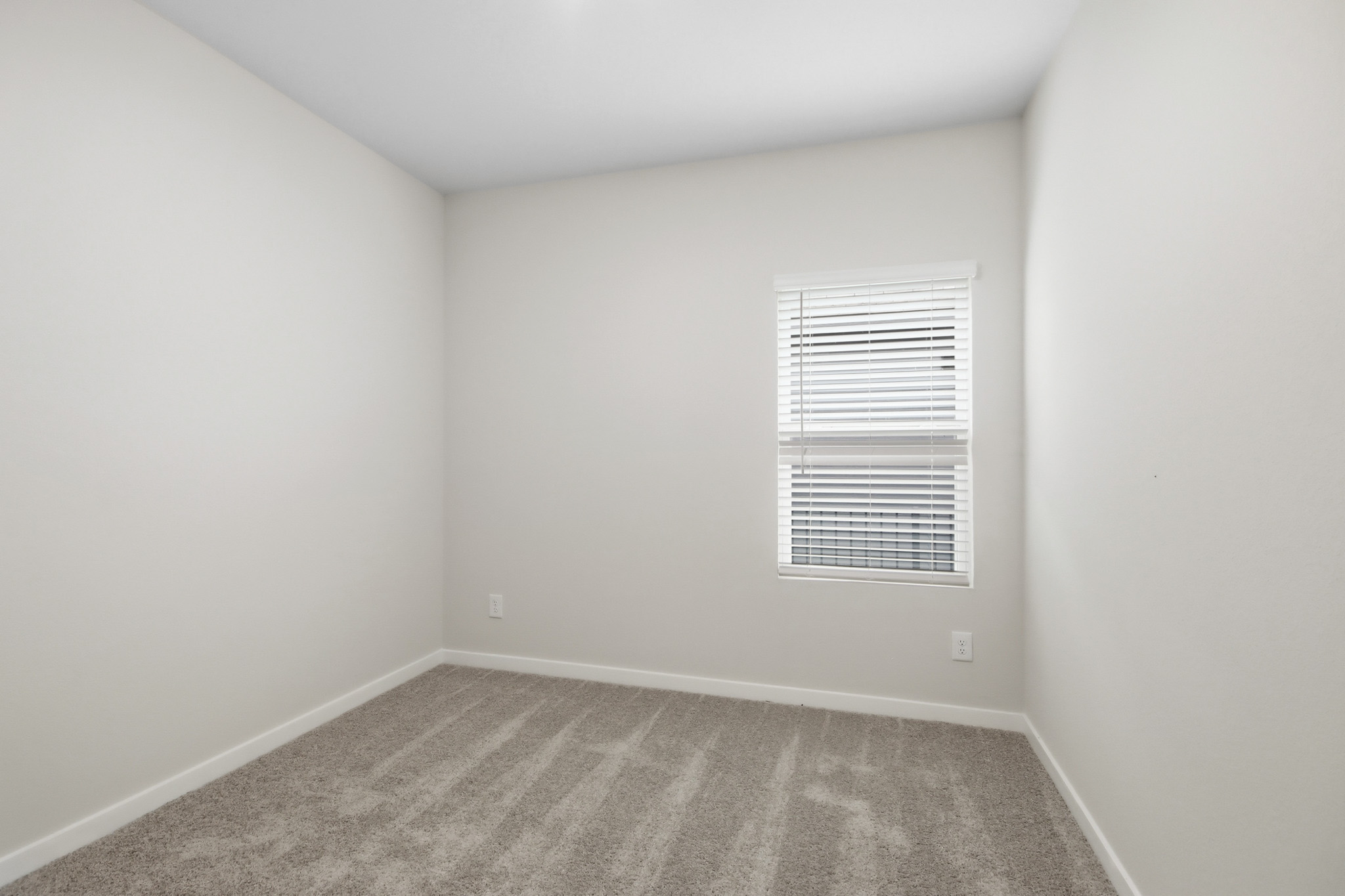 A room with a window and a rug.