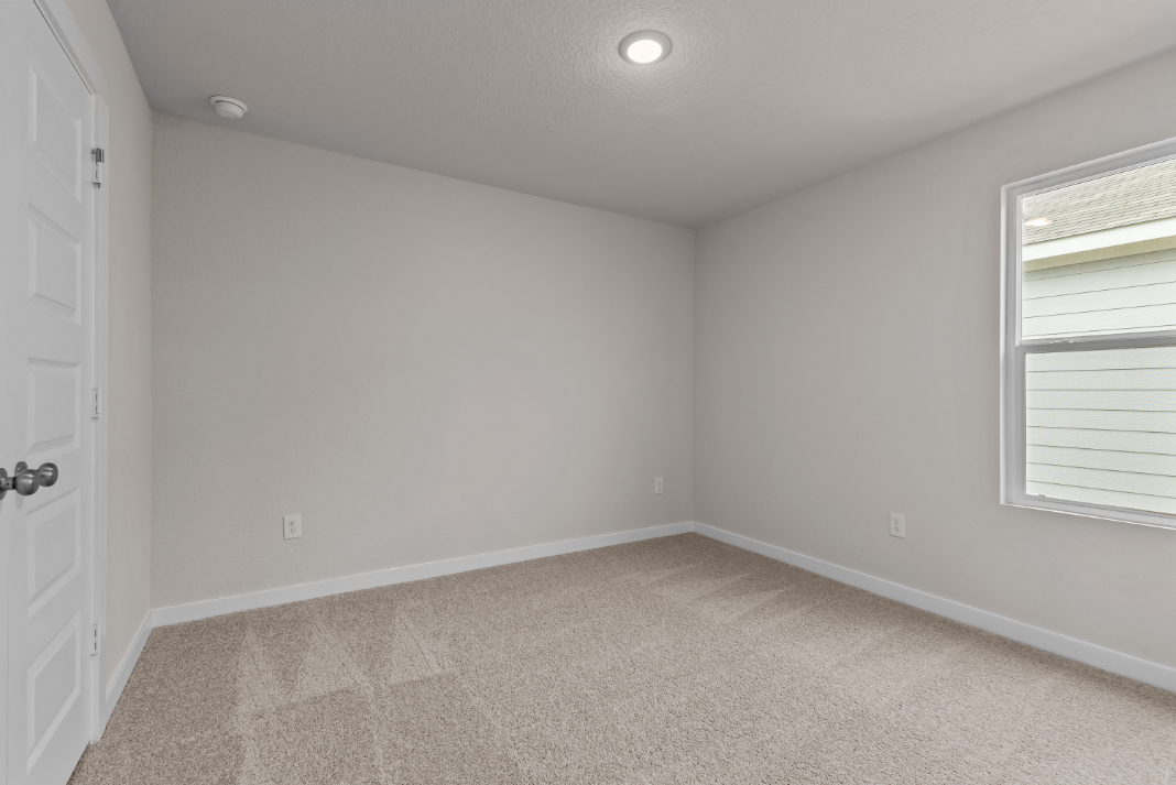 A room with a carpet and a door.