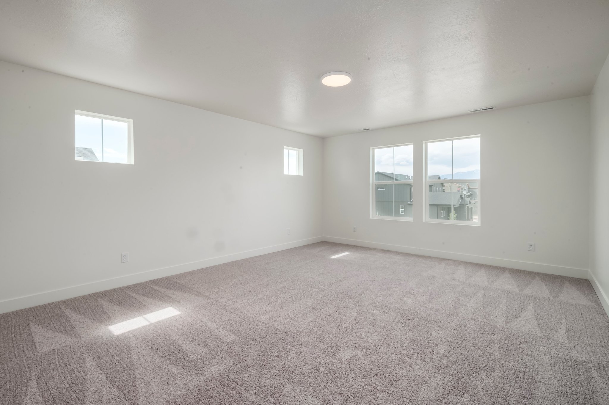 A room with a carpet and windows.