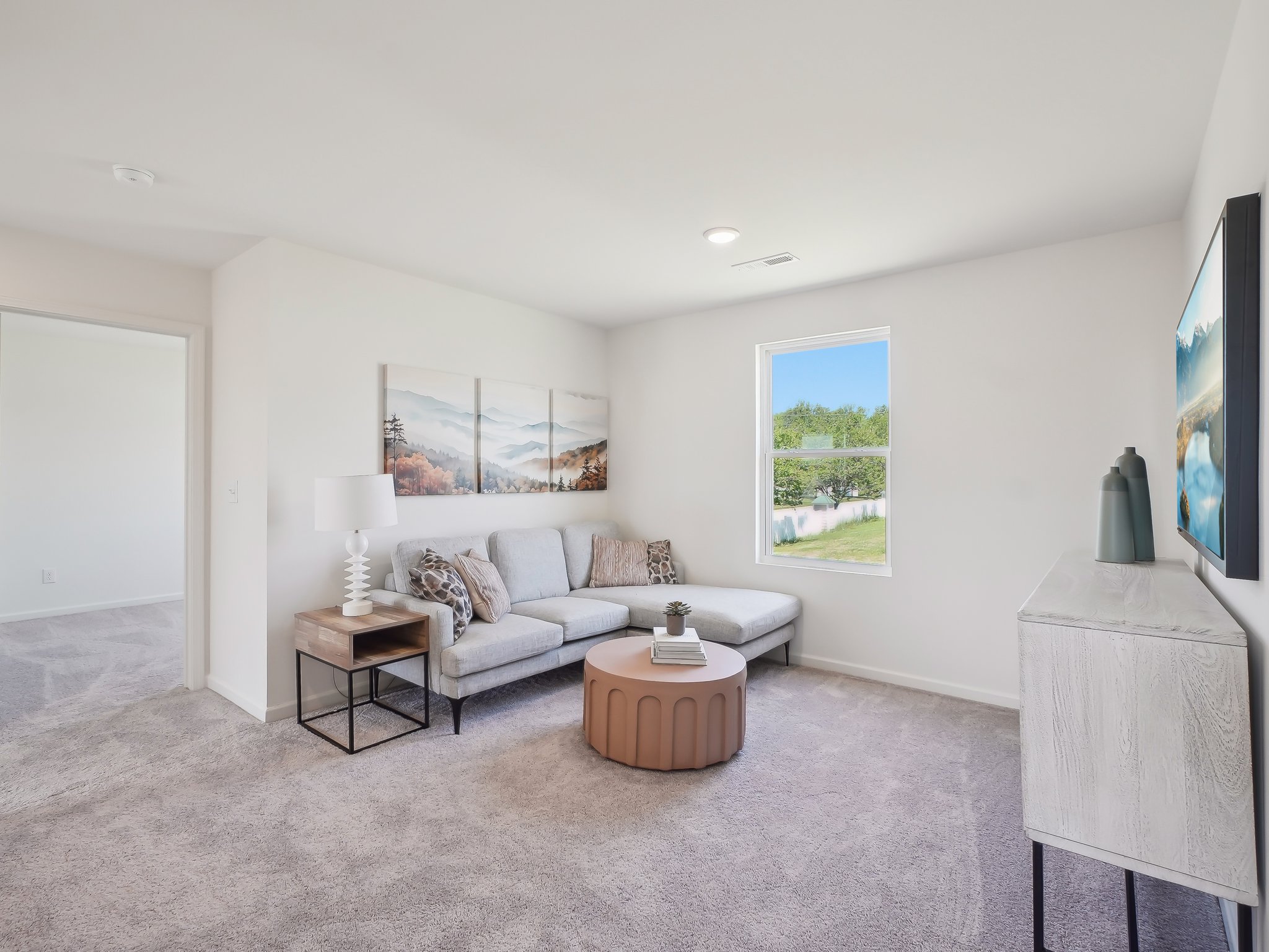 A living room with a couch and a coffee table.