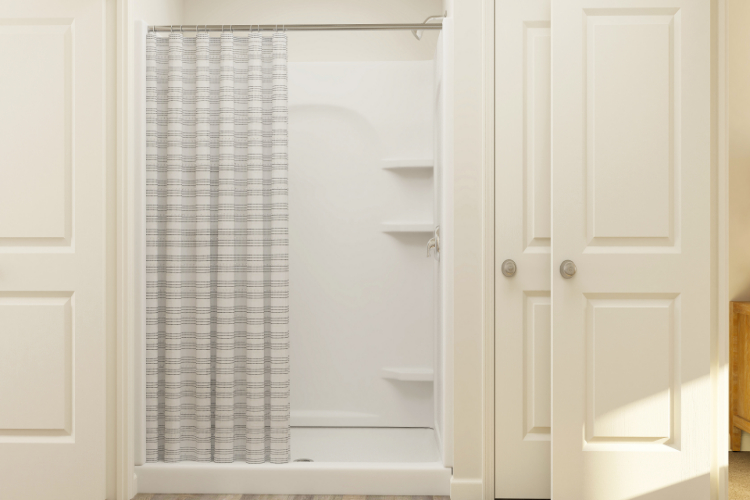 A shower curtain in a room.