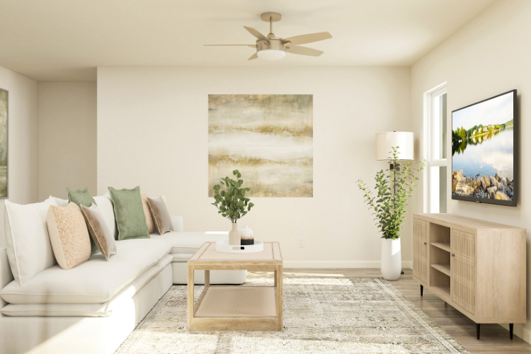 A living room with a couch and a table.