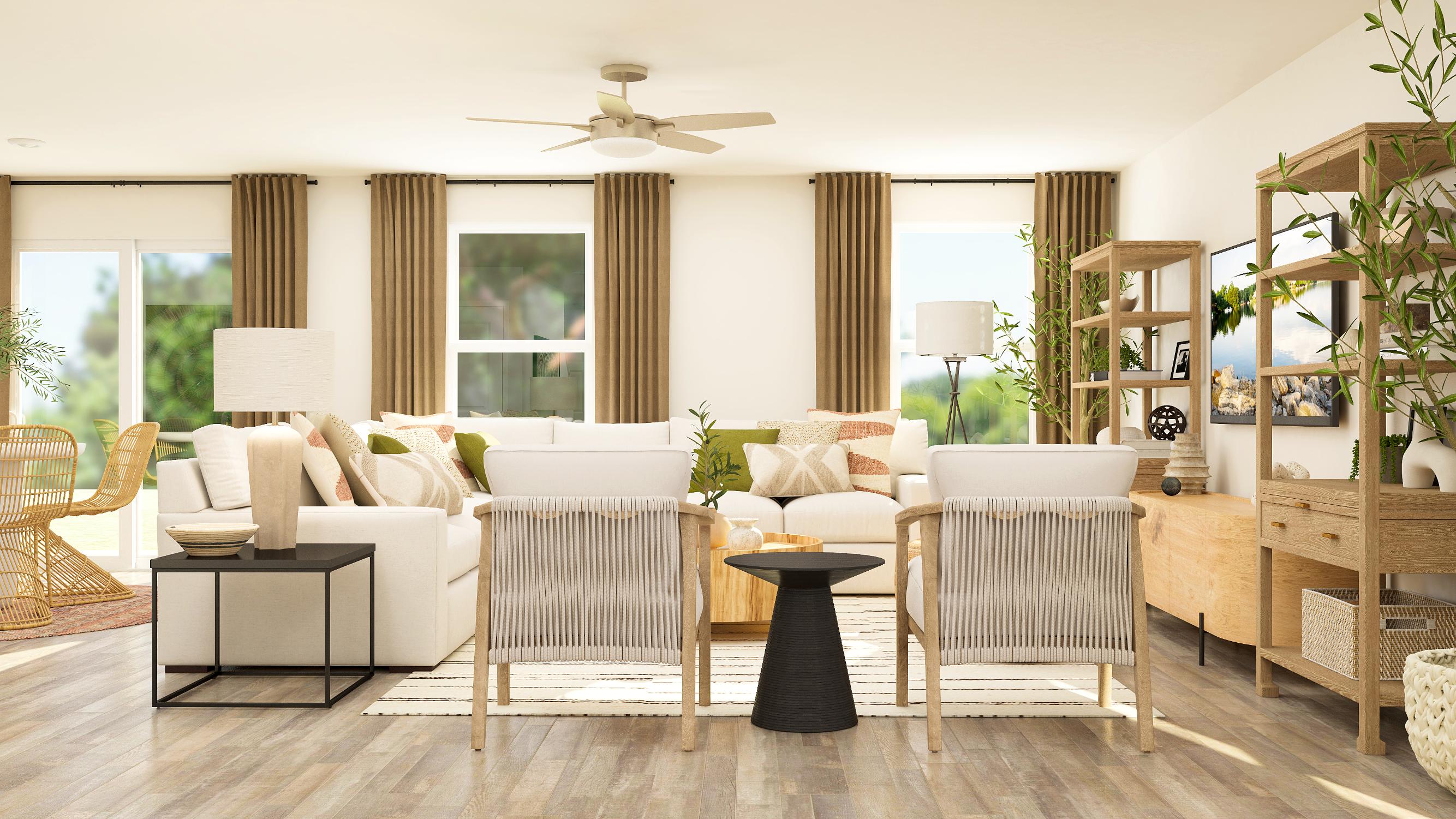 A living room with a large window.