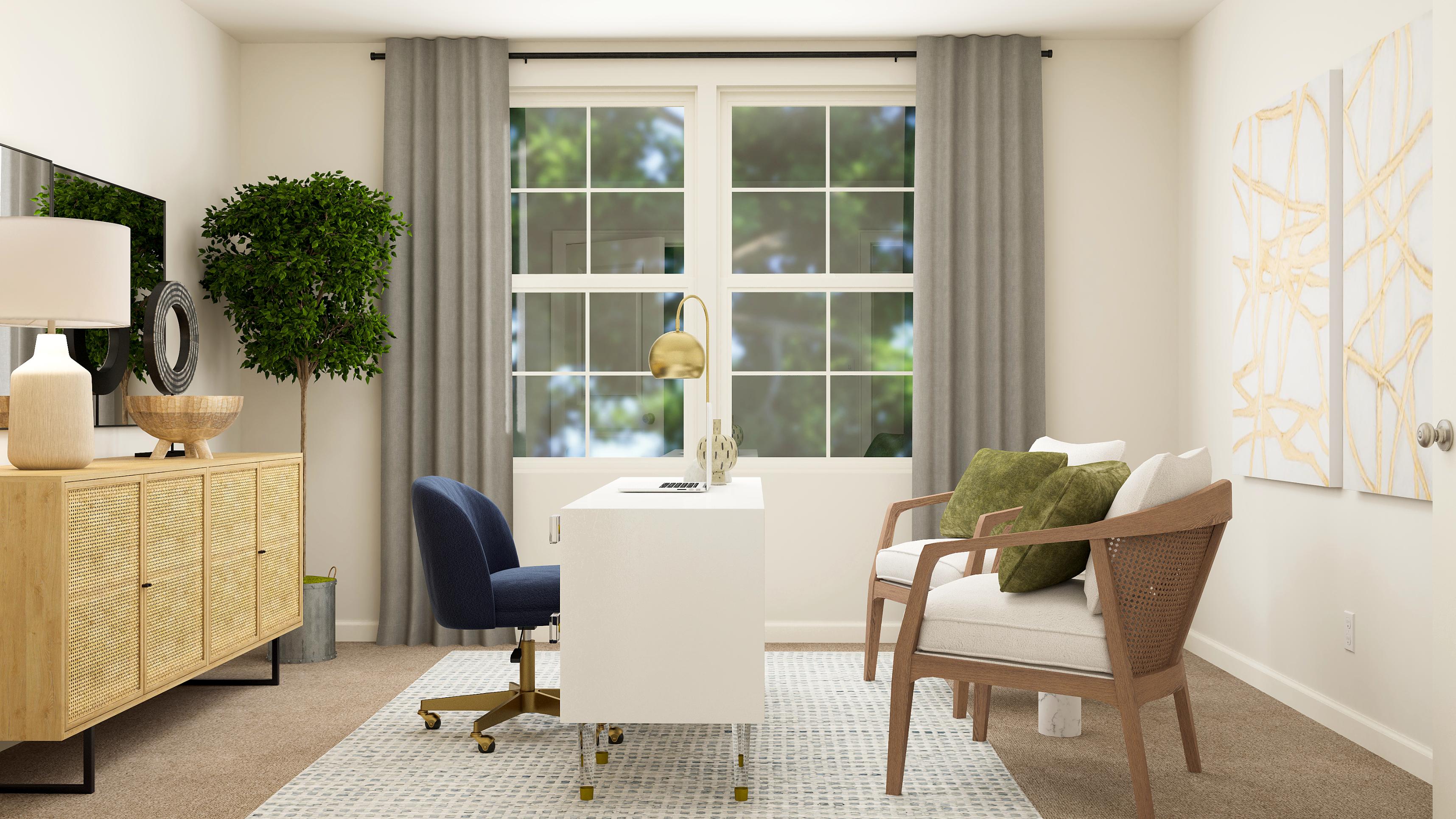 A room with a table chairs and a window with plants.